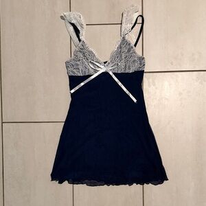 Elegant Lace Trim Nightdress - Navy with White lace trim